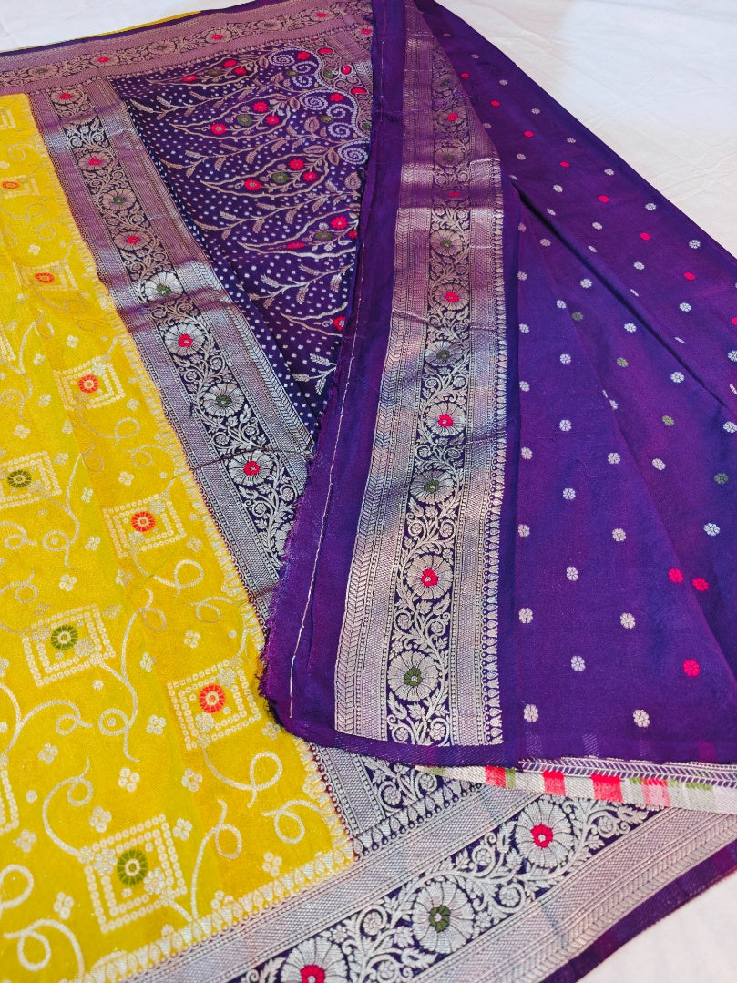 KHADDI GEORGETTE IN GOLD AND VIOLET COLOUR BORDER