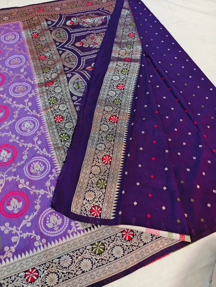 LAVENDER KHADDI GEORGETTE  MINAKARI WITH NAVY BLUE BORDER