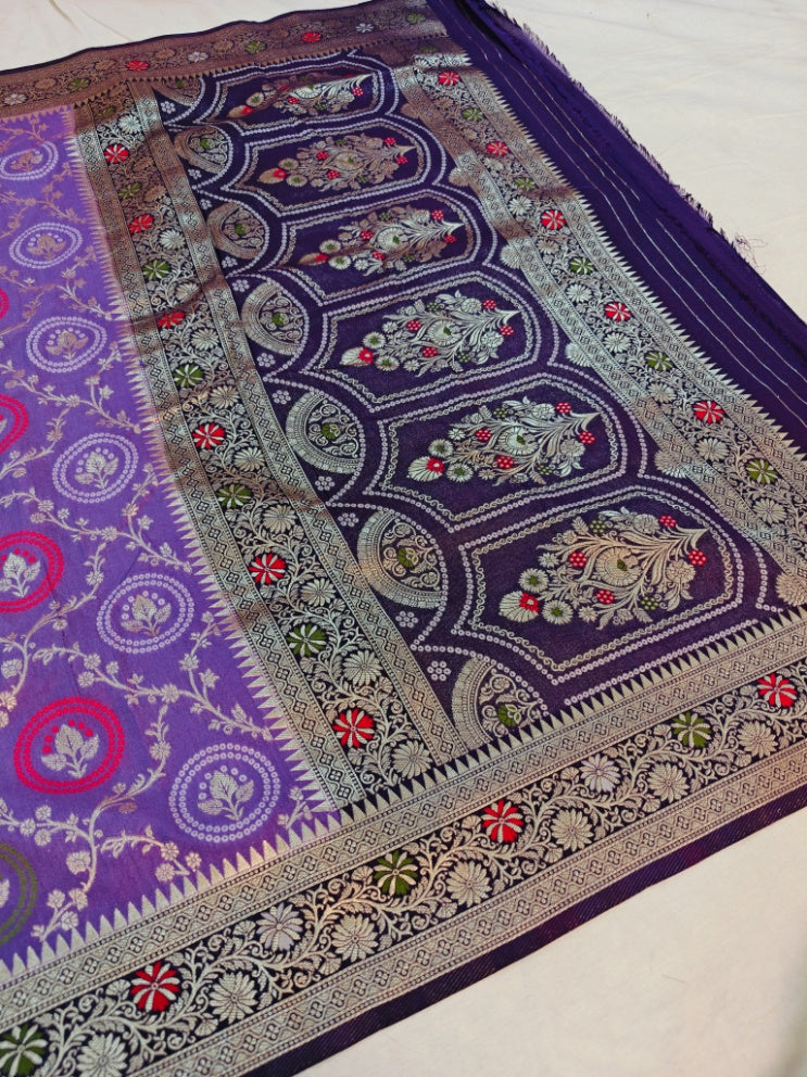 LAVENDER KHADDI GEORGETTE  MINAKARI WITH NAVY BLUE BORDER