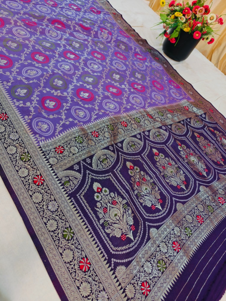 LAVENDER KHADDI GEORGETTE  MINAKARI WITH NAVY BLUE BORDER