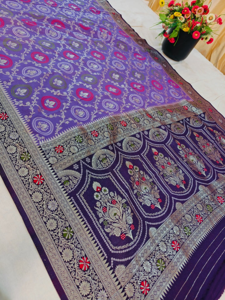 LAVENDER KHADDI GEORGETTE  MINAKARI WITH NAVY BLUE BORDER