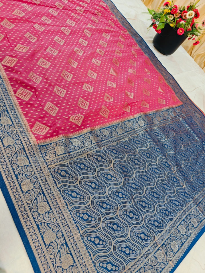 BABY PINK PAPER SILK WITH ZARI WOVEN IN ROYAL BLUE BORDER