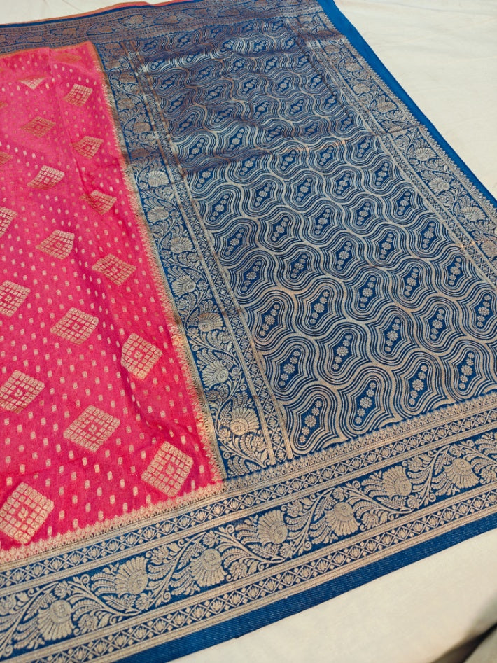 BABY PINK PAPER SILK WITH ZARI WOVEN IN ROYAL BLUE BORDER