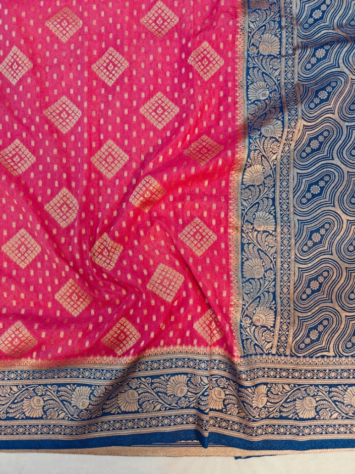 BABY PINK PAPER SILK WITH ZARI WOVEN IN ROYAL BLUE BORDER