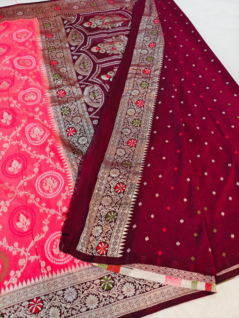 PEACH KHADDI GEORGETTE MINAKARI WITH GARNET BORDER
