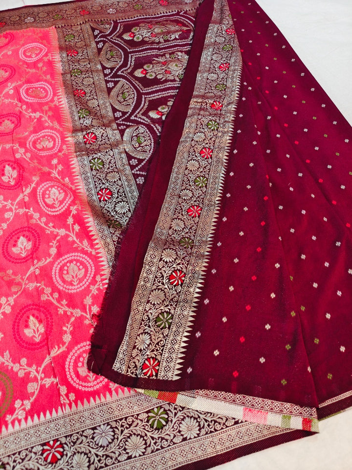 PEACH KHADDI GEORGETTE MINAKARI WITH GARNET BORDER