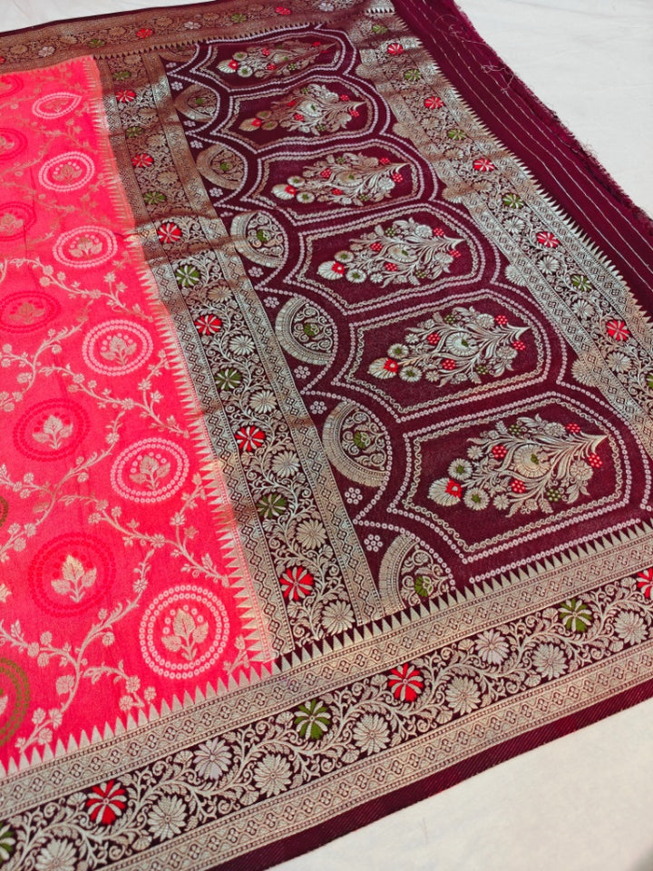 PEACH KHADDI GEORGETTE MINAKARI WITH GARNET BORDER