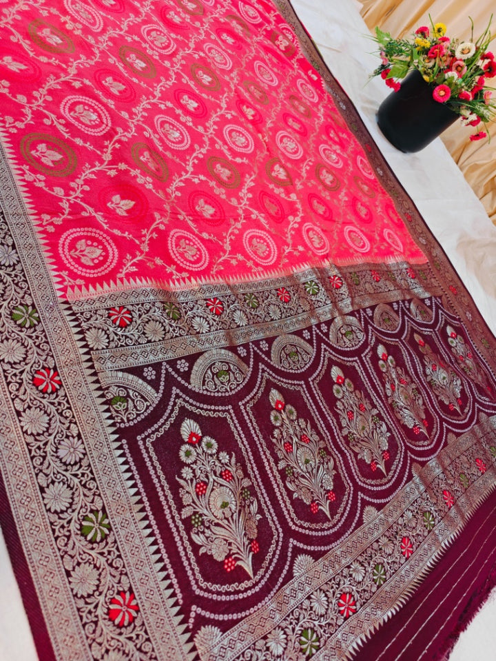 PEACH KHADDI GEORGETTE MINAKARI WITH GARNET BORDER