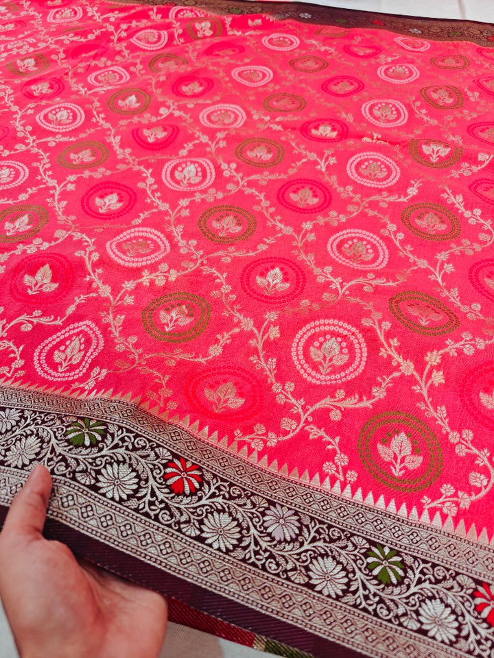 PEACH KHADDI GEORGETTE MINAKARI WITH GARNET BORDER