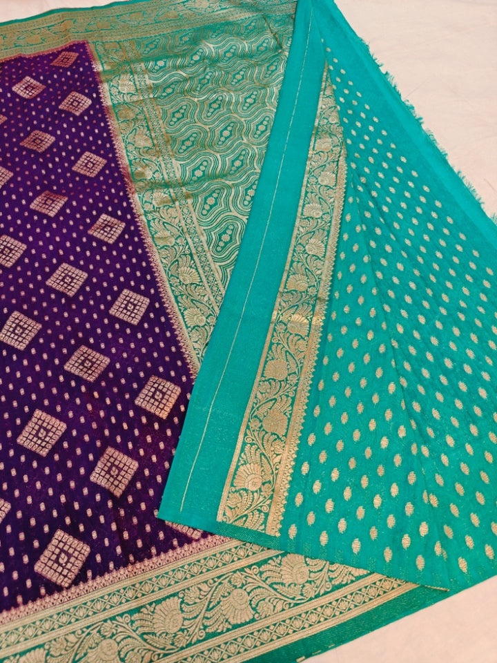 INDIGO KHADDI GEORGETTE WITH SEA GREEN