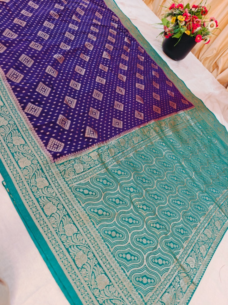 INDIGO KHADDI GEORGETTE WITH SEA GREEN