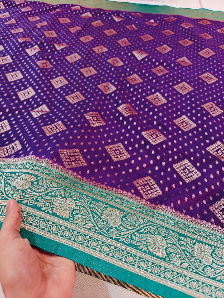 INDIGO KHADDI GEORGETTE WITH SEA GREEN