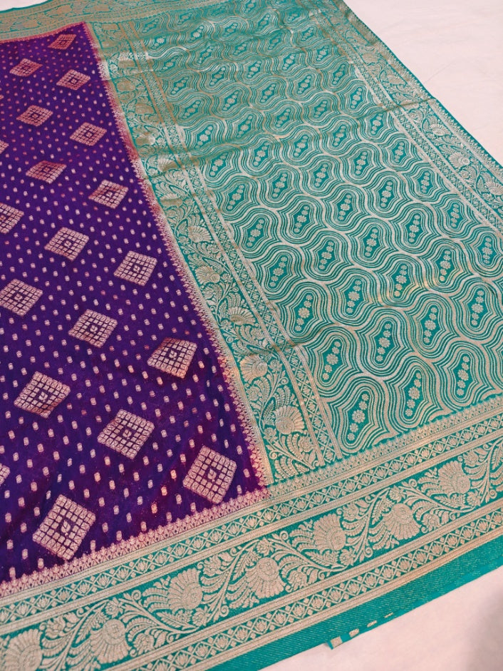 INDIGO KHADDI GEORGETTE WITH SEA GREEN