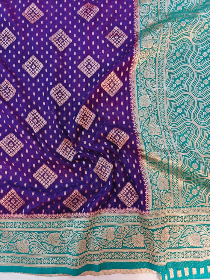 INDIGO KHADDI GEORGETTE WITH SEA GREEN