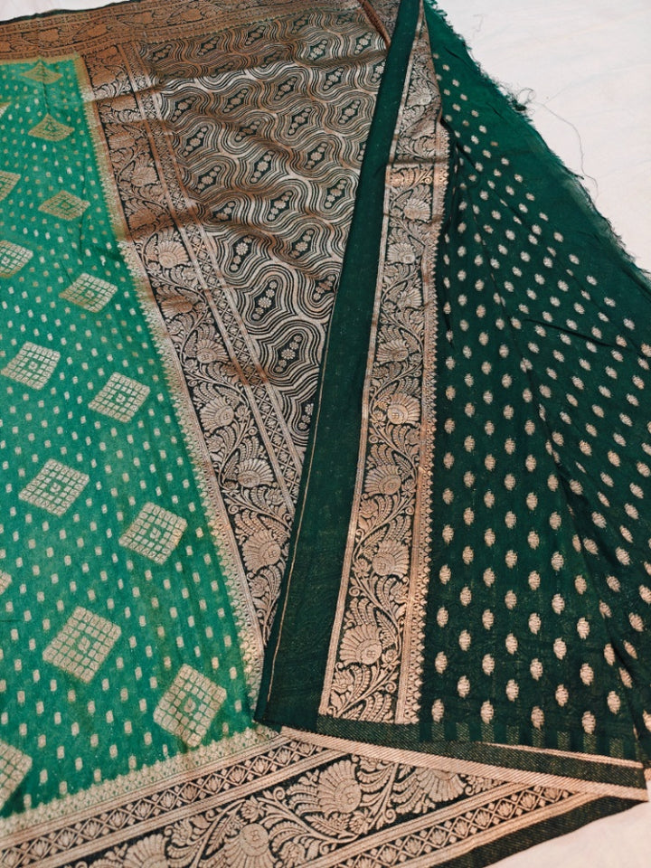 BASIL GREEN KHADDI GEORGETTE WITH BOTTLE GREEN BORDER