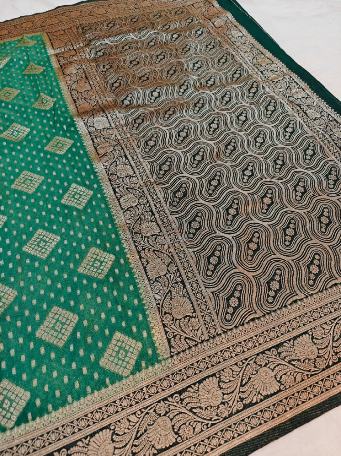 BASIL GREEN KHADDI GEORGETTE WITH BOTTLE GREEN BORDER