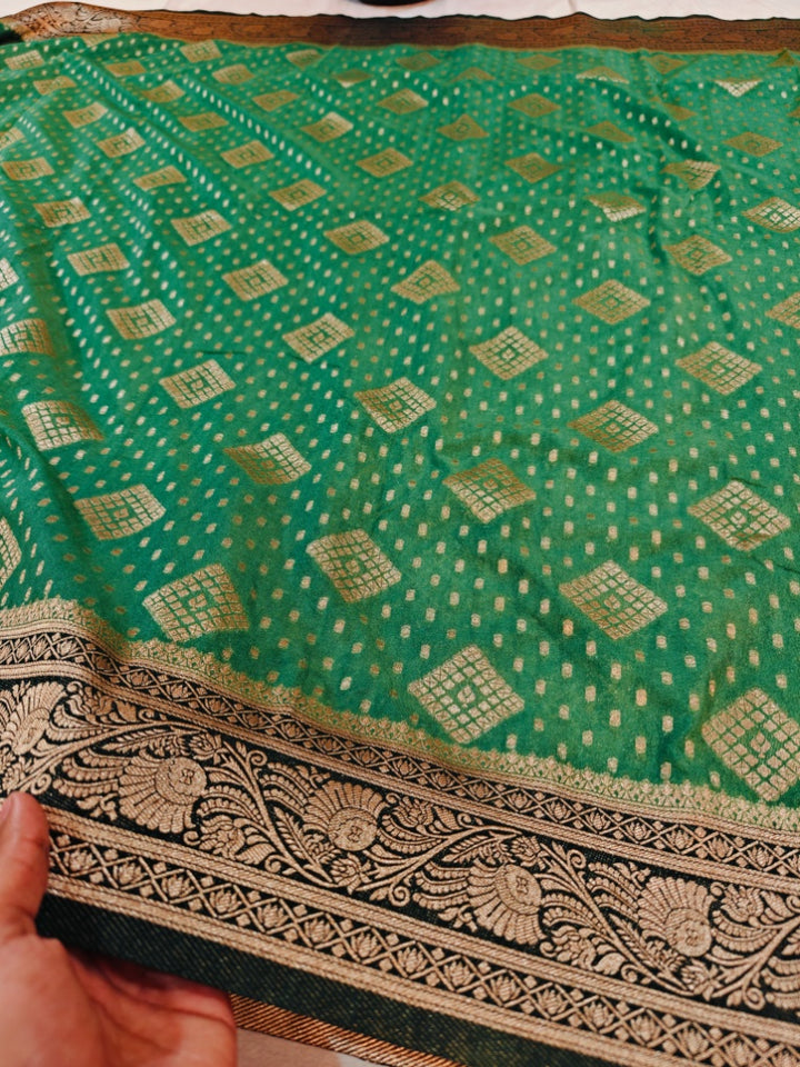 BASIL GREEN KHADDI GEORGETTE WITH BOTTLE GREEN BORDER