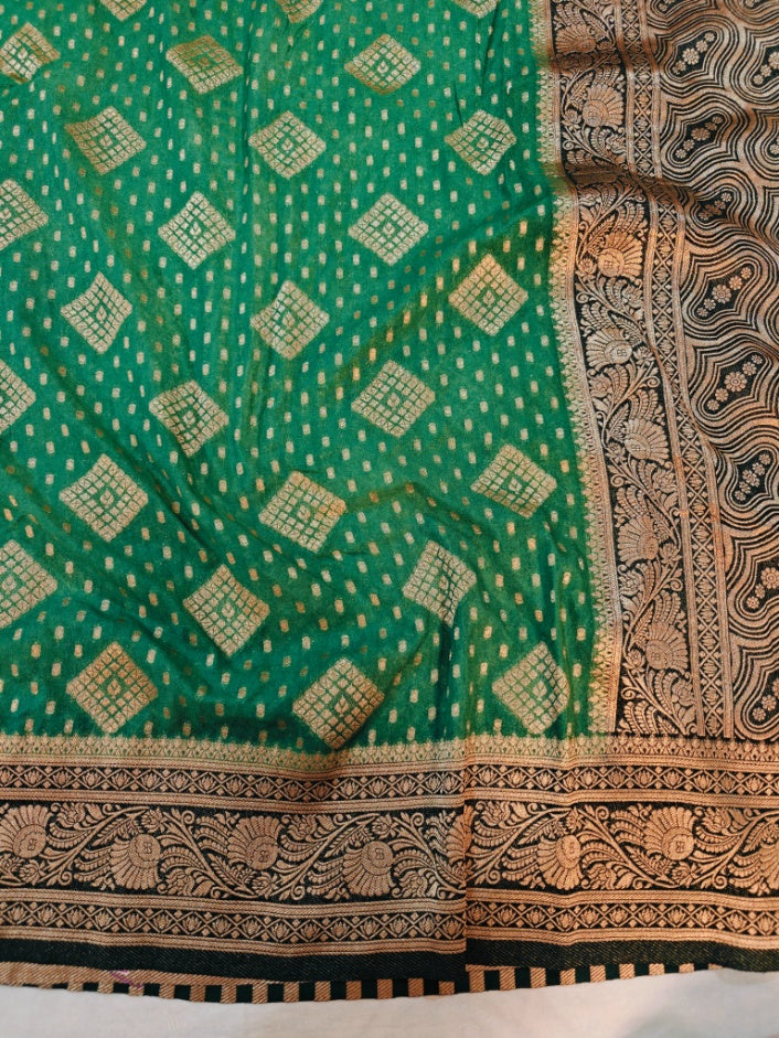 BASIL GREEN KHADDI GEORGETTE WITH BOTTLE GREEN BORDER
