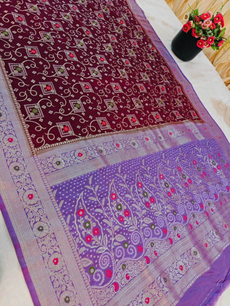 GARNET WITH LAVENDER BORDER MULTI MINA KHADDI GEORGETTE