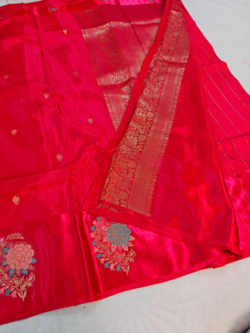 RUSSIAN SATIN SILK WITH TILFI BOOTA BORDER IN RANI COLOUR