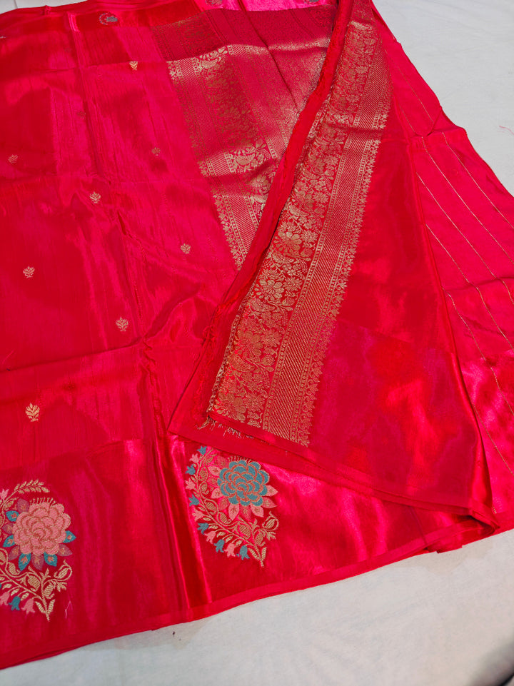 RUSSIAN SATIN SILK WITH TILFI BOOTA BORDER IN RANI COLOUR