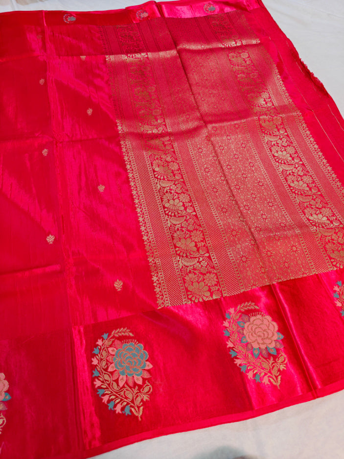 RUSSIAN SATIN SILK WITH TILFI BOOTA BORDER IN RANI COLOUR