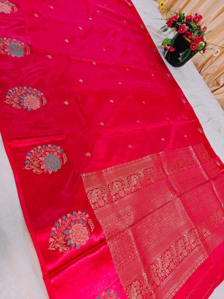 RUSSIAN SATIN SILK WITH TILFI BOOTA BORDER IN RANI COLOUR