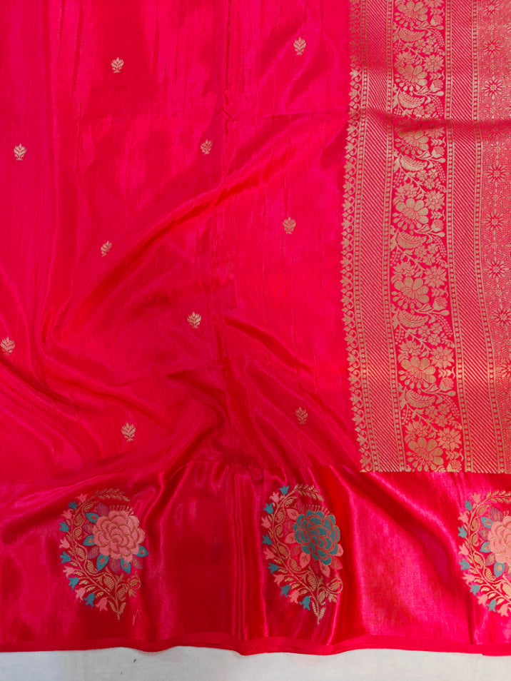 RUSSIAN SATIN SILK WITH TILFI BOOTA BORDER IN RANI COLOUR