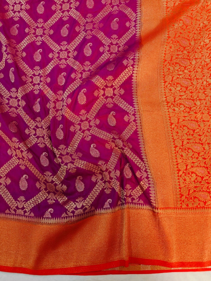 MAGENTA KHADDI GEORGETTE WITH ORANGE BORDER