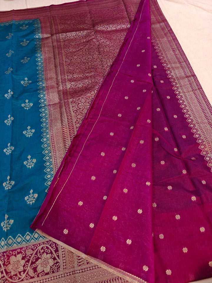 CORAL BLUE PAPER SILK WITH GARNET BORDER