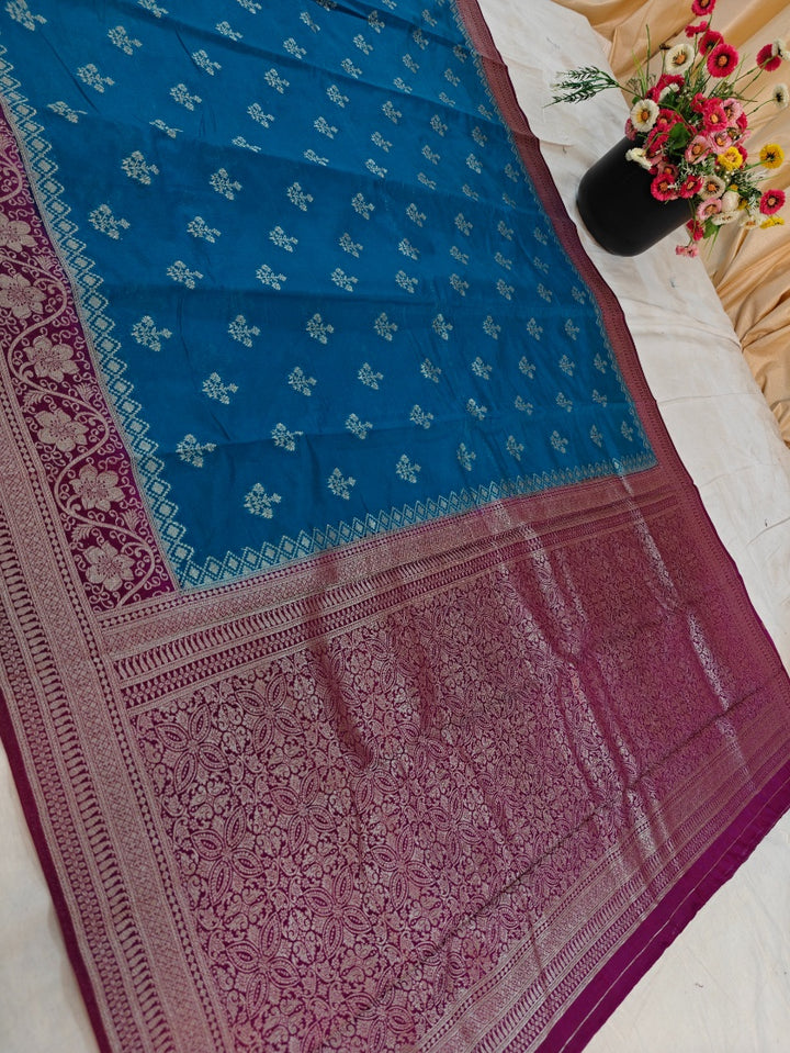 CORAL BLUE PAPER SILK WITH GARNET BORDER