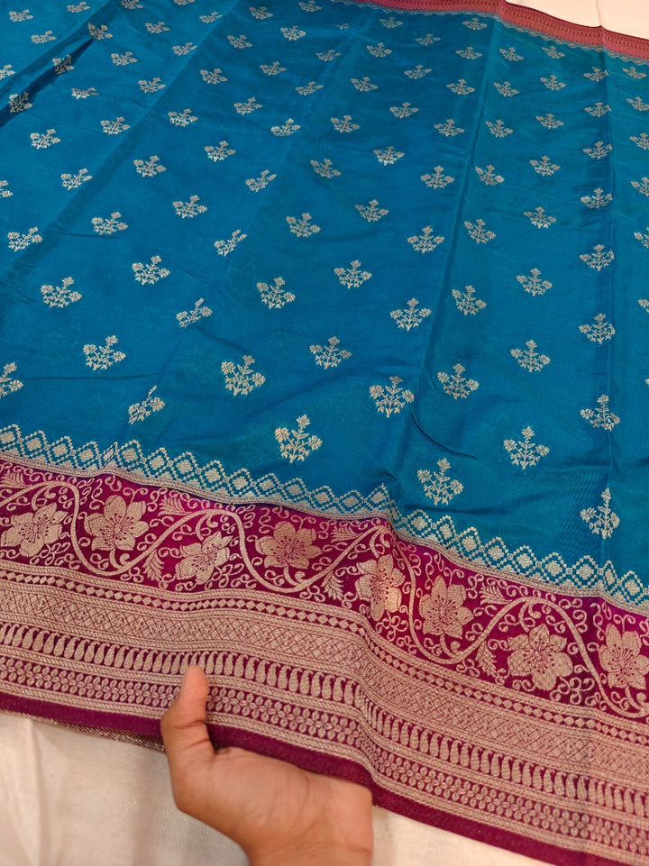 CORAL BLUE PAPER SILK WITH GARNET BORDER