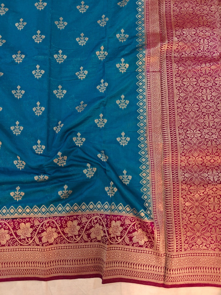 CORAL BLUE PAPER SILK WITH GARNET BORDER