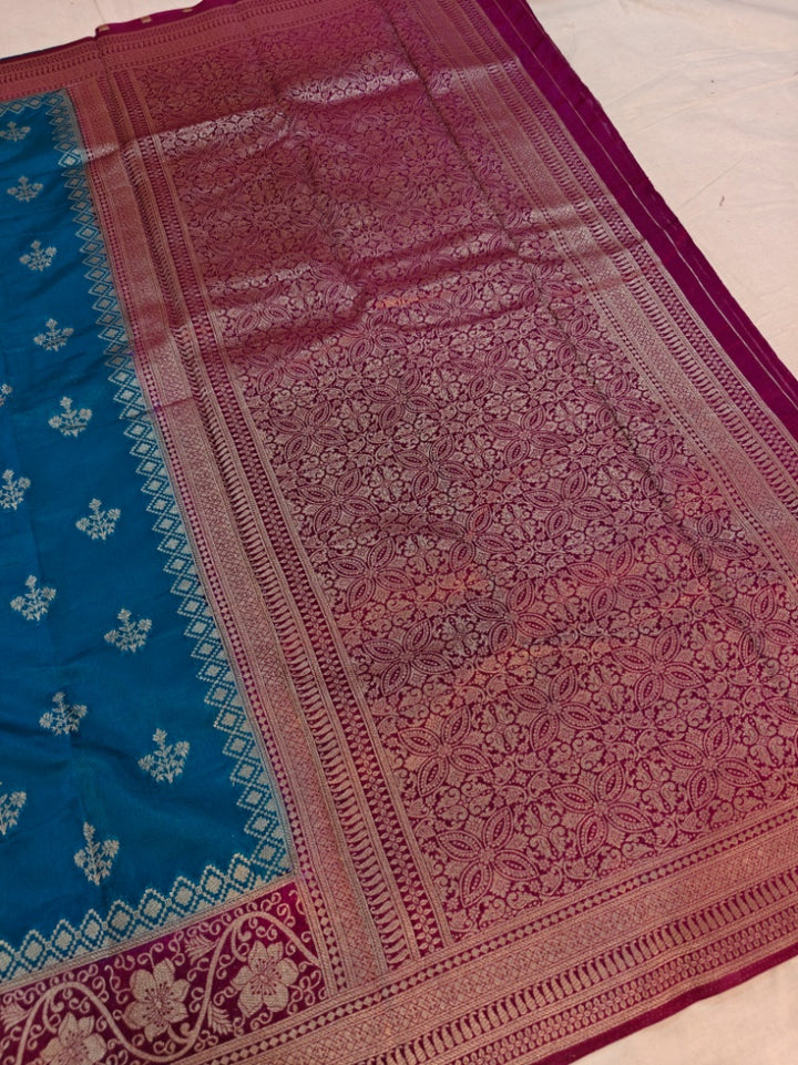 CORAL BLUE PAPER SILK WITH GARNET BORDER