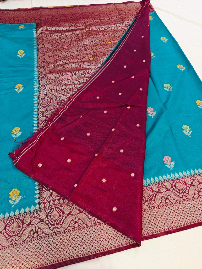 RAW MANGO MINAKARI IN ELEGANT BLUE WITH GARNET BORDER