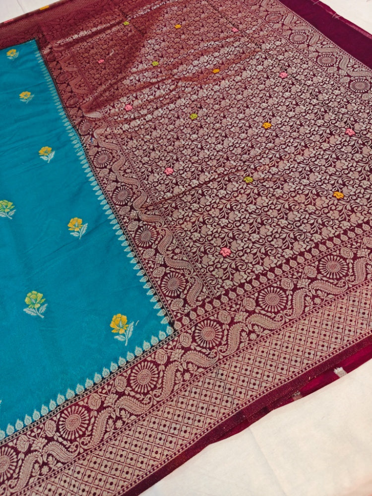 RAW MANGO MINAKARI IN ELEGANT BLUE WITH GARNET BORDER