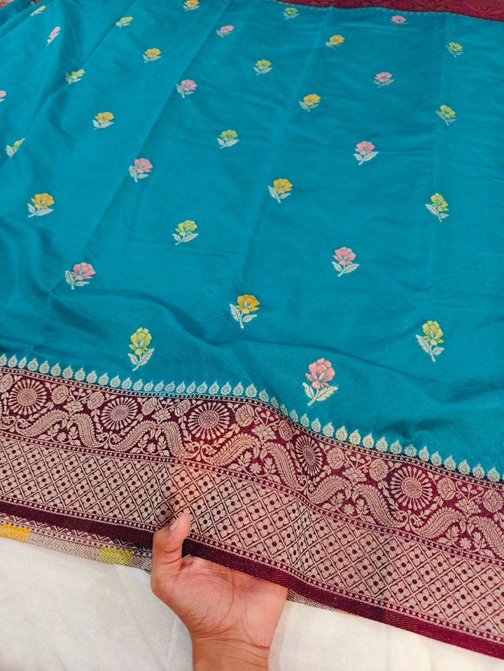 RAW MANGO MINAKARI IN ELEGANT BLUE WITH GARNET BORDER