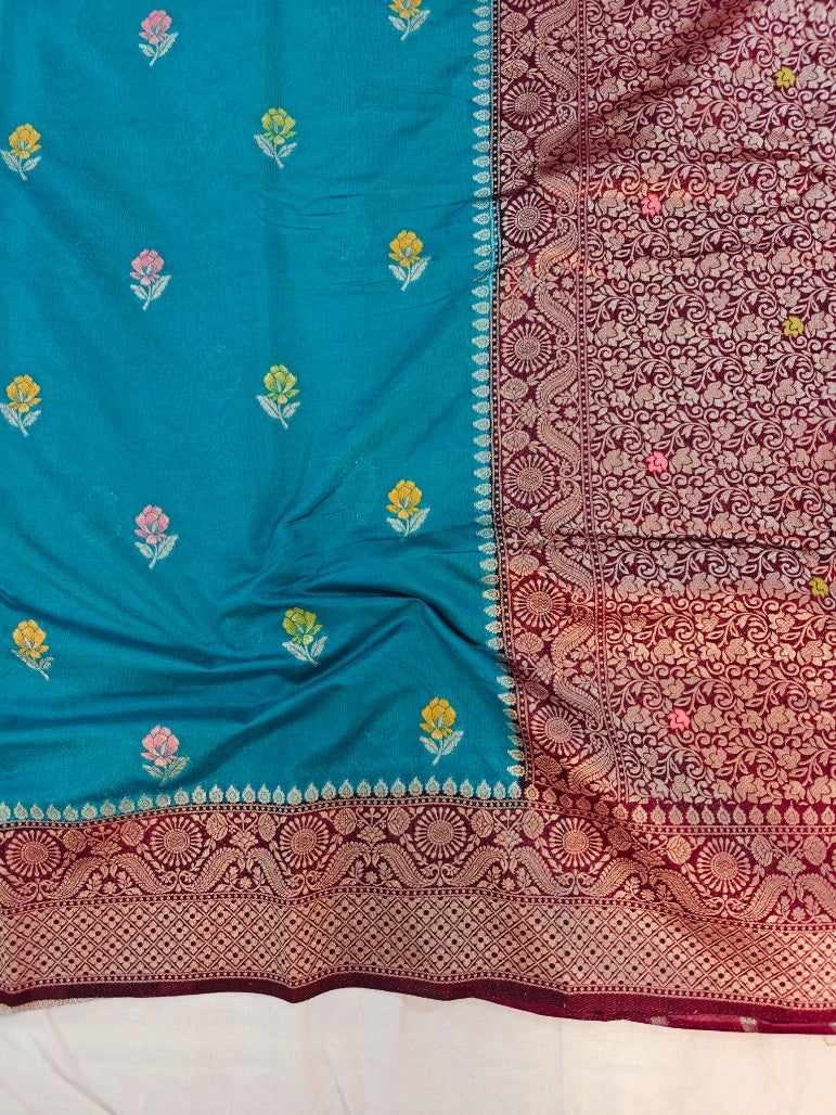 RAW MANGO MINAKARI IN ELEGANT BLUE WITH GARNET BORDER