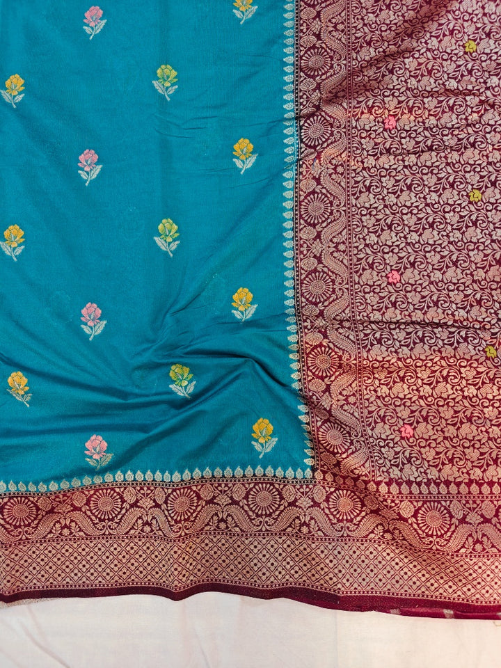 RAW MANGO MINAKARI IN ELEGANT BLUE WITH GARNET BORDER