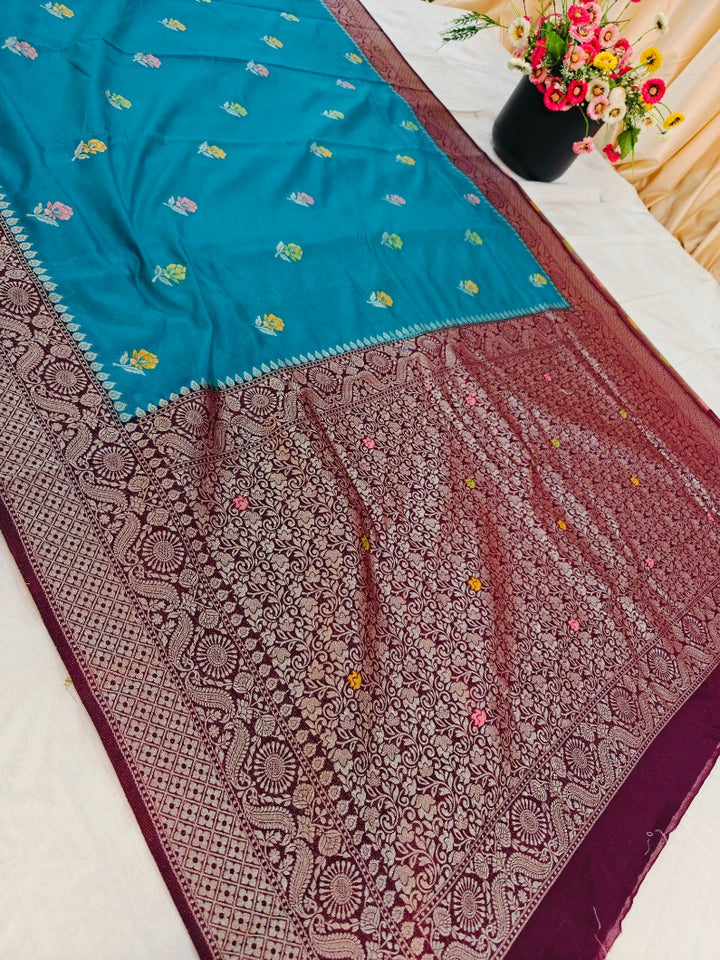 RAW MANGO MINAKARI IN ELEGANT BLUE WITH GARNET BORDER