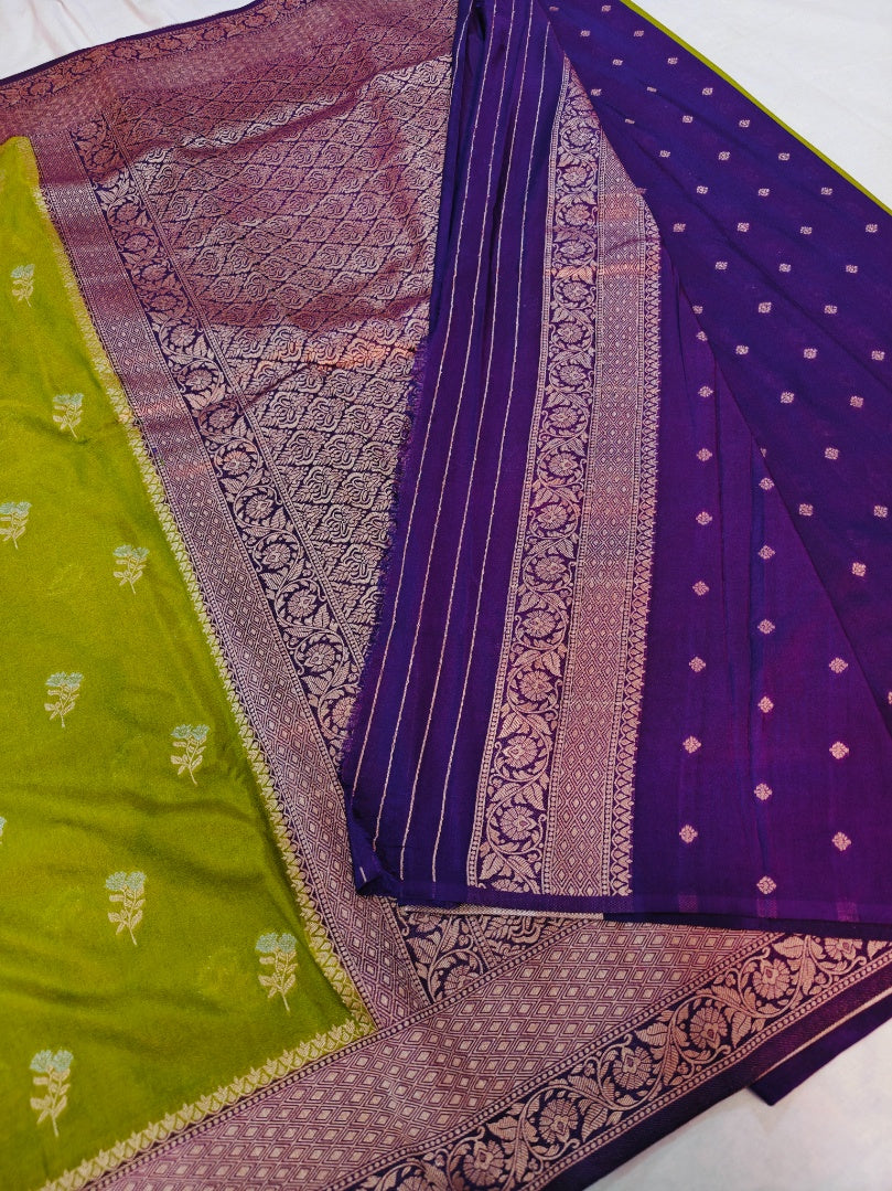 MEHENDI GREEN KHADDI GEORGETTE WITH PURPLE BORDER
