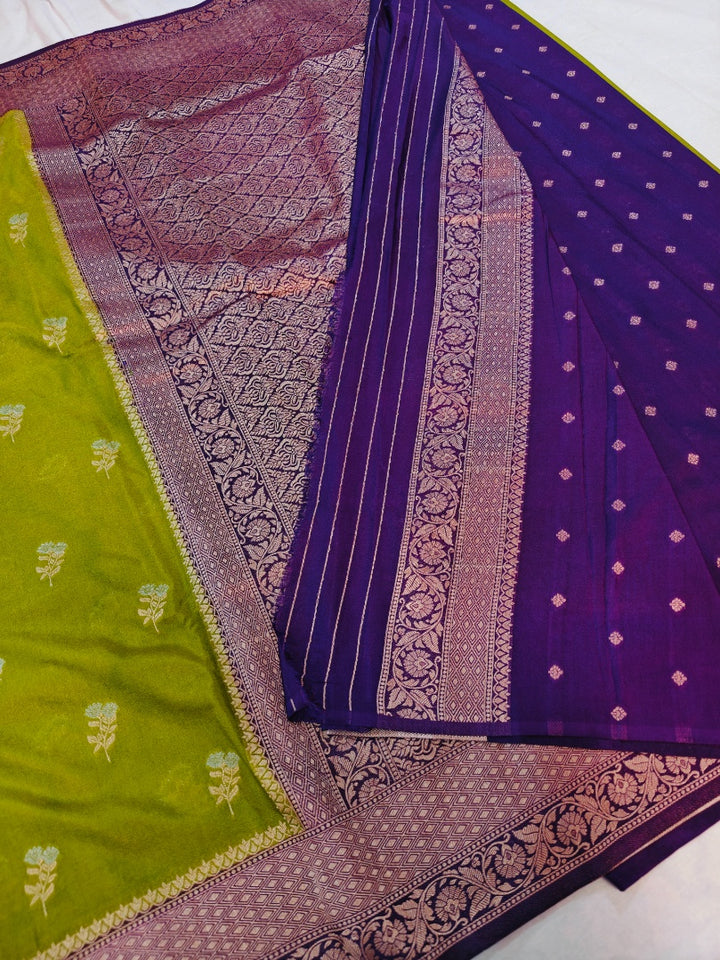 MEHENDI GREEN KHADDI GEORGETTE WITH PURPLE BORDER