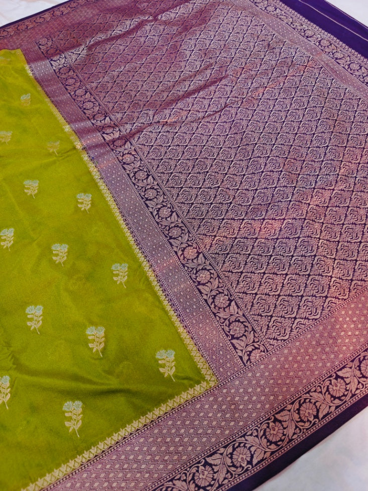 MEHENDI GREEN KHADDI GEORGETTE WITH PURPLE BORDER