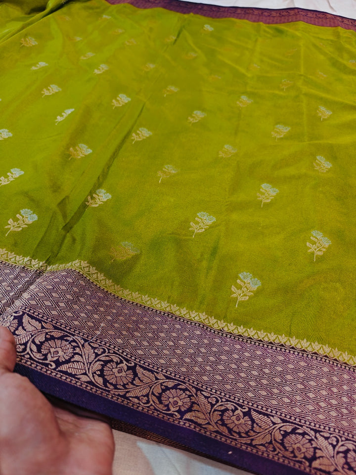 MEHENDI GREEN KHADDI GEORGETTE WITH PURPLE BORDER