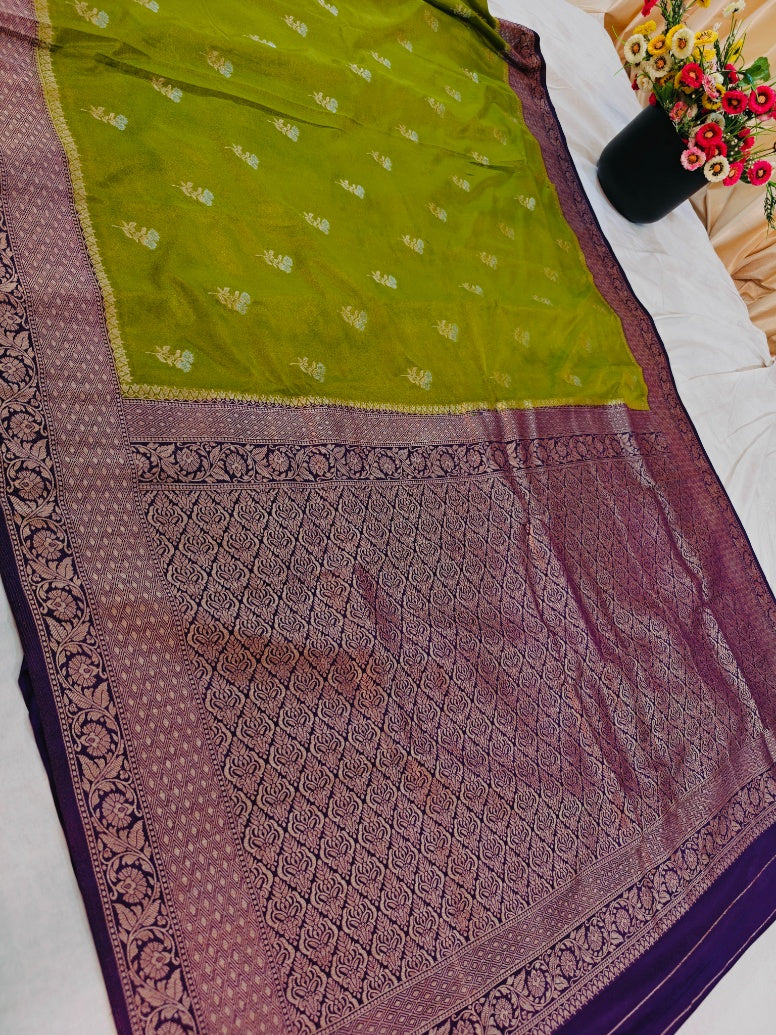 MEHENDI GREEN KHADDI GEORGETTE WITH PURPLE BORDER