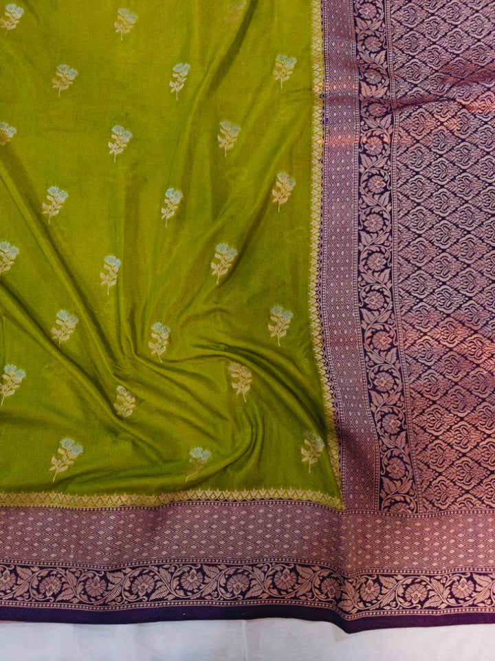 MEHENDI GREEN KHADDI GEORGETTE WITH PURPLE BORDER