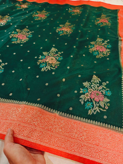 KHADDI GEORGETTE PANCHRANG  IN BOTTLEGREEN WITH ORANGE BORDER