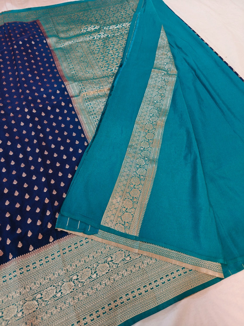 NAVY BLUE  KHADDI GEORGETTE WITH SEA GREEN BORDER
