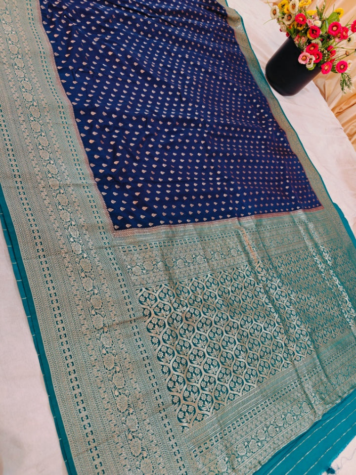 NAVY BLUE  KHADDI GEORGETTE WITH SEA GREEN BORDER