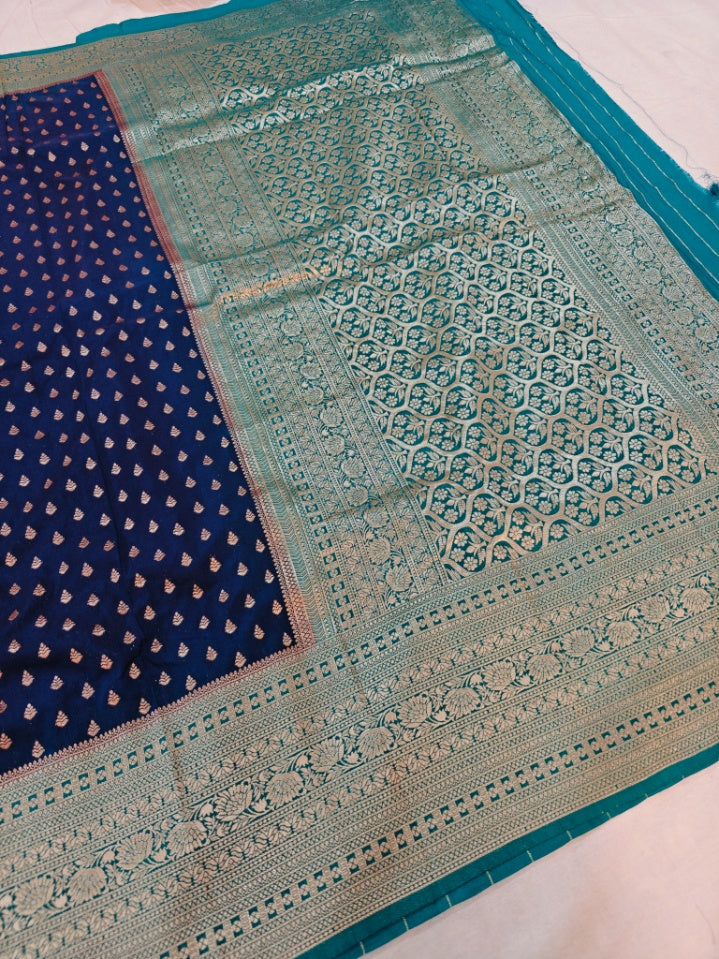 NAVY BLUE  KHADDI GEORGETTE WITH SEA GREEN BORDER